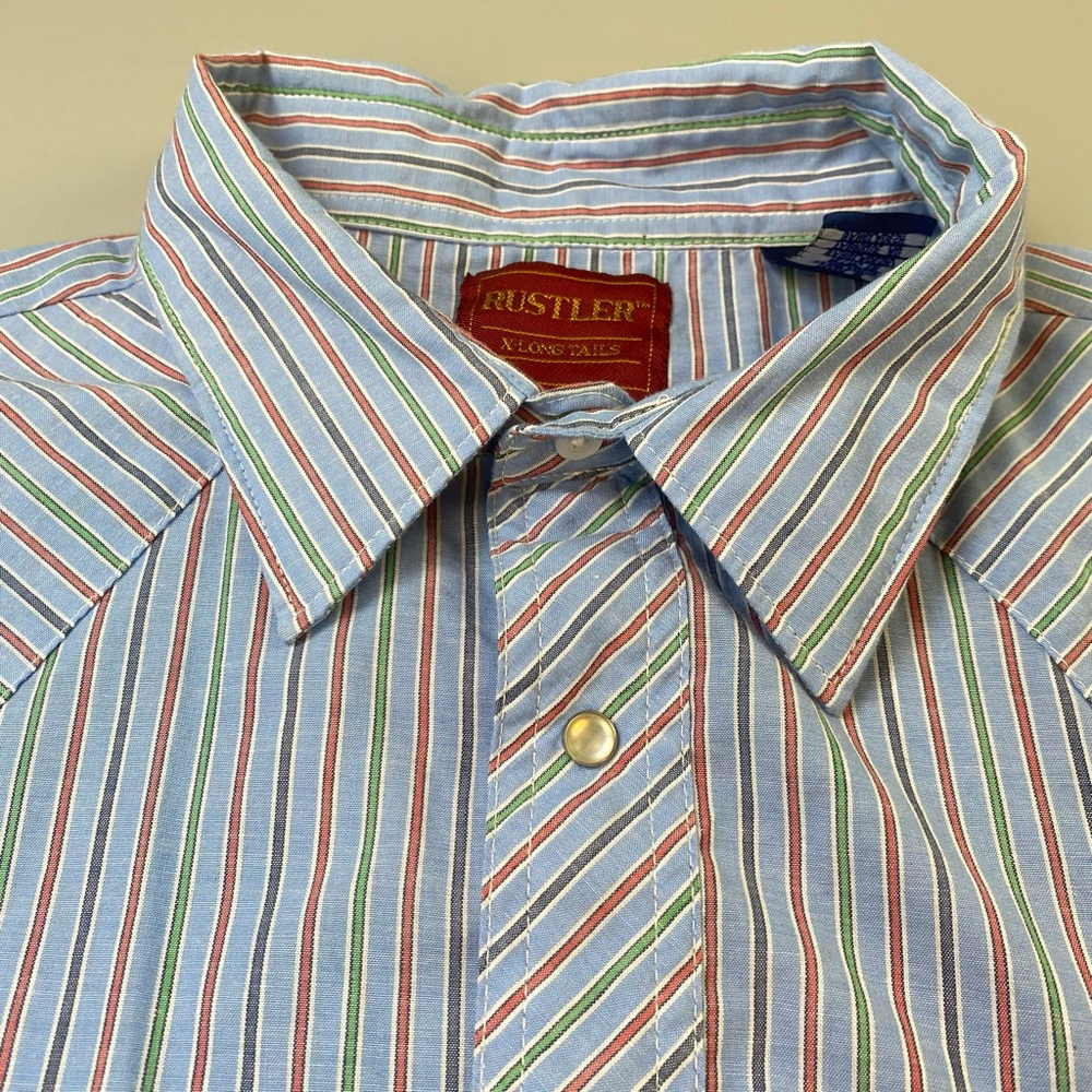 Rustler Shirt Mens XXL Blue Stripe Pearl Snap Cowboy Rockabilly Rodeo Heritage - Picture 5 of 13